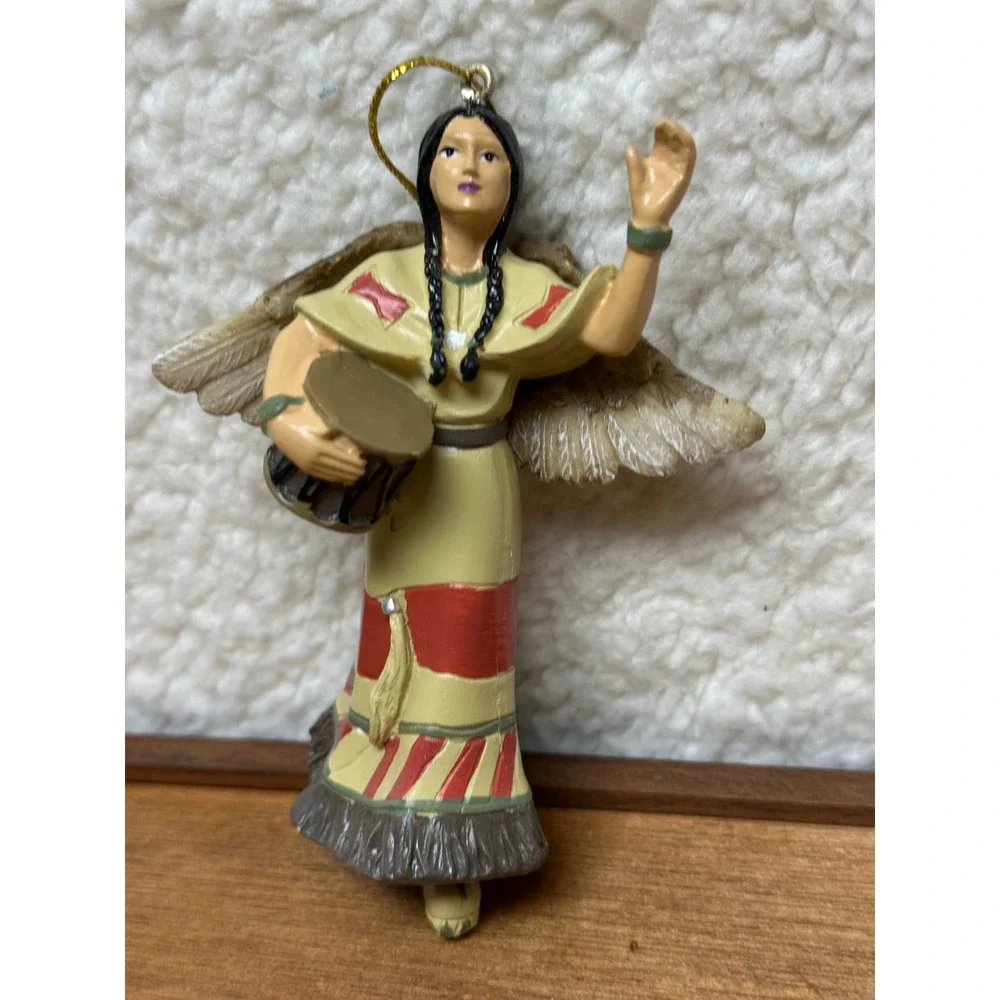 Native American Style Angel Ornament Resin Drummer Woman 4.25 Inch